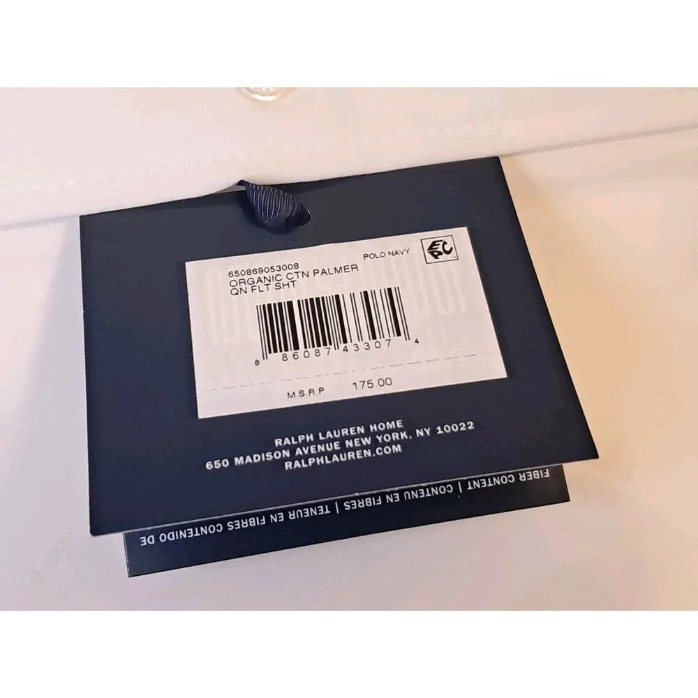 NEW Ralph Lauren Palmer Percale Org Cotton Queen Flat Sheet White Navy 96x108in